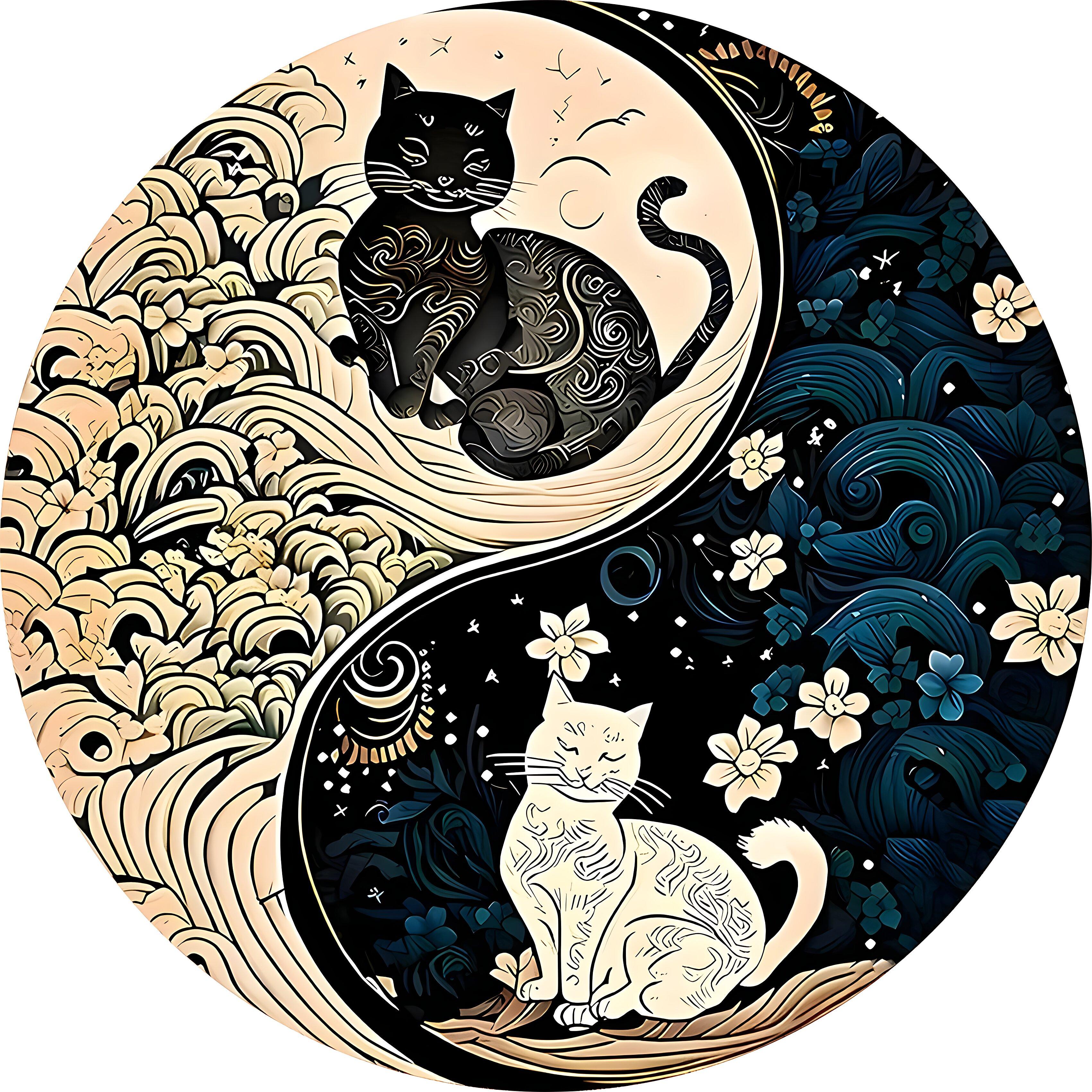 

Yin Yang Cat Circular Carpet with Anti Slip Backing Flannel Carpet Machine Washable for Living Room Lightweight Home Decor 40x40cm