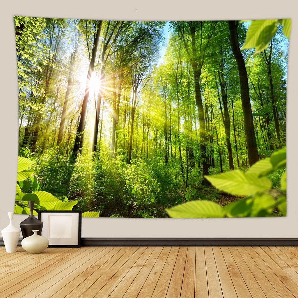 Green Forest Tree Wall Hanging Tapestries Mandala Natural Stream Flower Bedroom Wall Decor Camping Blanket  Dropshipping