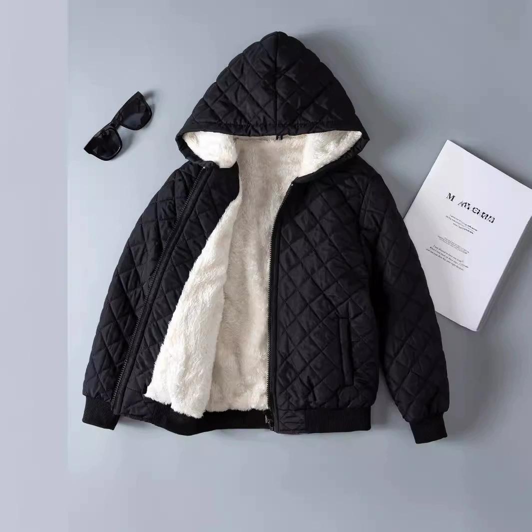 

Детское пальто с капюшоном на флисовой подкладке, стеганое, с ромбовидным узором, на молнии 100 чёрный