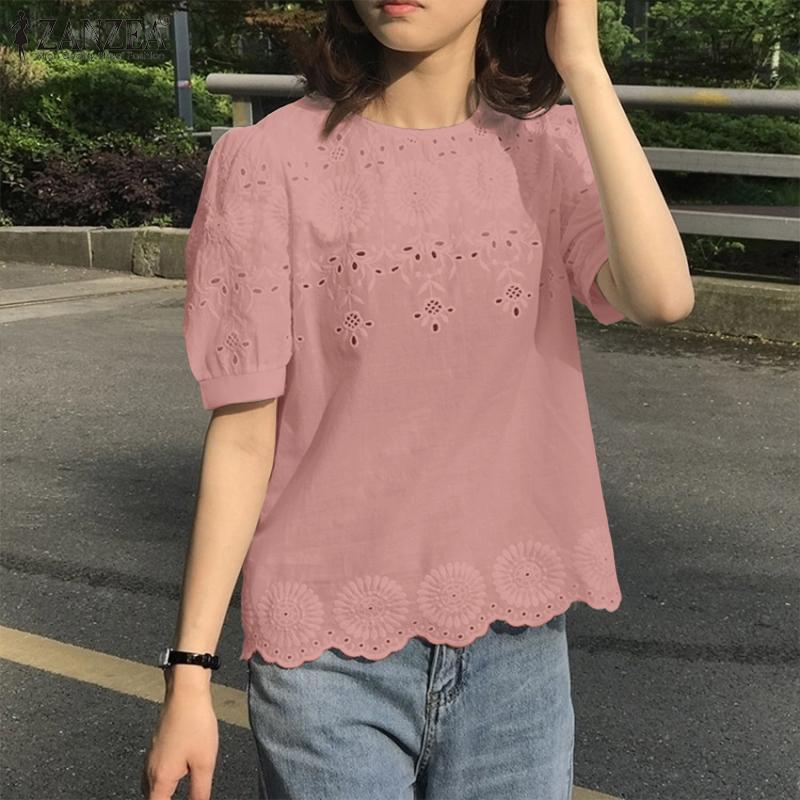 ZANZEA Women Casual Crew Neck Short Sleeve Embroidery Lace Blouse