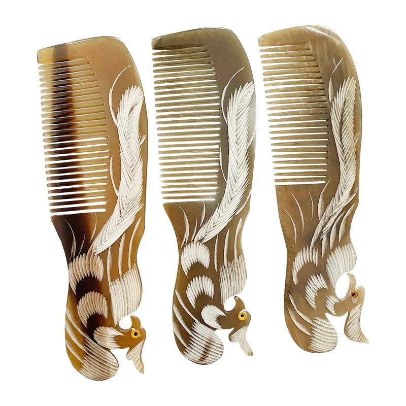 Handgesneden Os Hoorn Kam - Feniks & Mandarijne Eend Patroon, Enkelzijdig Ontwerp voor Lang Haar, Traditioneel Chinese Haaraccessoire