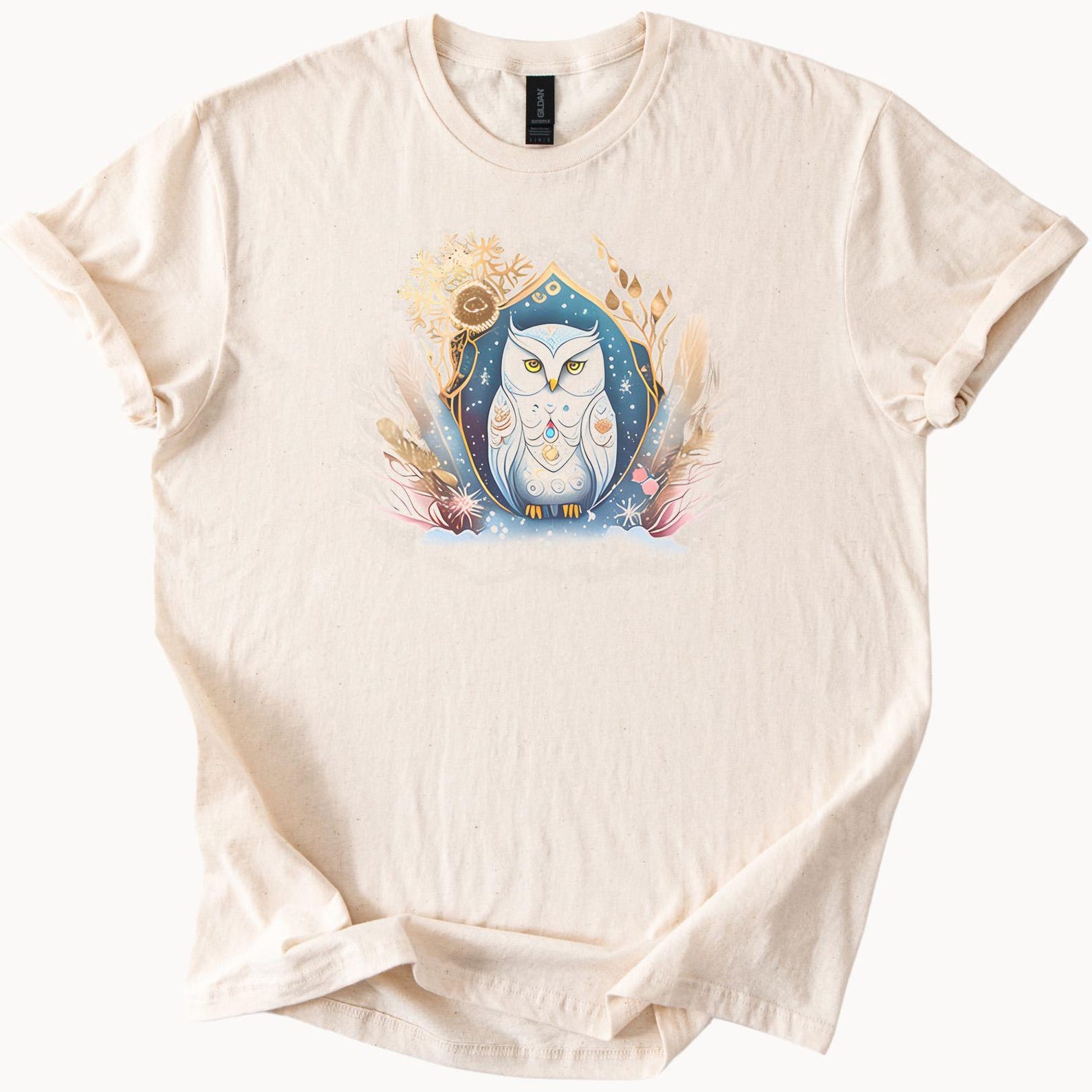 Celestial Owl Graphic T Shirt Pastel Boho Bird Nature Animal Art Midnight Blue Forest Flowers Cute Soft Neutral Tee 130