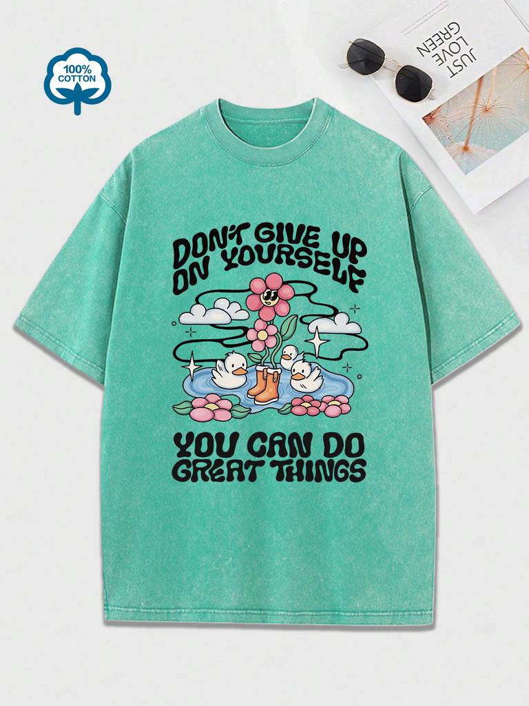 No Te Rindas Contigo Mismo Patos Felices Nadando Estampado Camisetas Lavadas Mujer Algodón Hip Hop Camisetas Tops de Verano Ropa Holgada