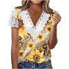 V Neck Lace Short Sleeve Print Ladies Top Summer Fashion Casual V Neck Print Short Sleeve Lace Sleeve T-Shirt Top