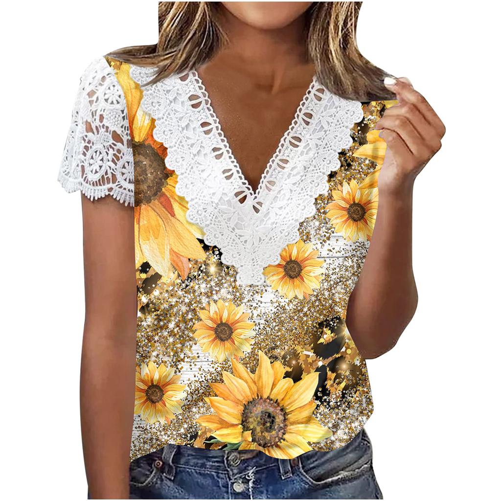 V Neck Lace Short Sleeve Print Ladies Top Summer Fashion Casual V Neck Print Short Sleeve Lace Sleeve T-Shirt Top