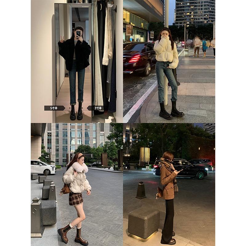 Cowhide Version~ Thick-soled Chelsea Short Boots Women's Round Head Elastic Band Thick Heel Medium Tube Martin Boots