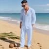 Men's Linen Casual Two-Piece Set: Classic Lapel Long Sleeve Shirt & Breathable Straight-Leg Pants
