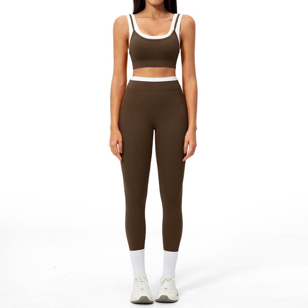 Completo da Yoga da Donna Transfrontaliero: Color Block Nude Feel, Vita Alta Costolata, Abbigliamento Sportivo Fitness Versatile