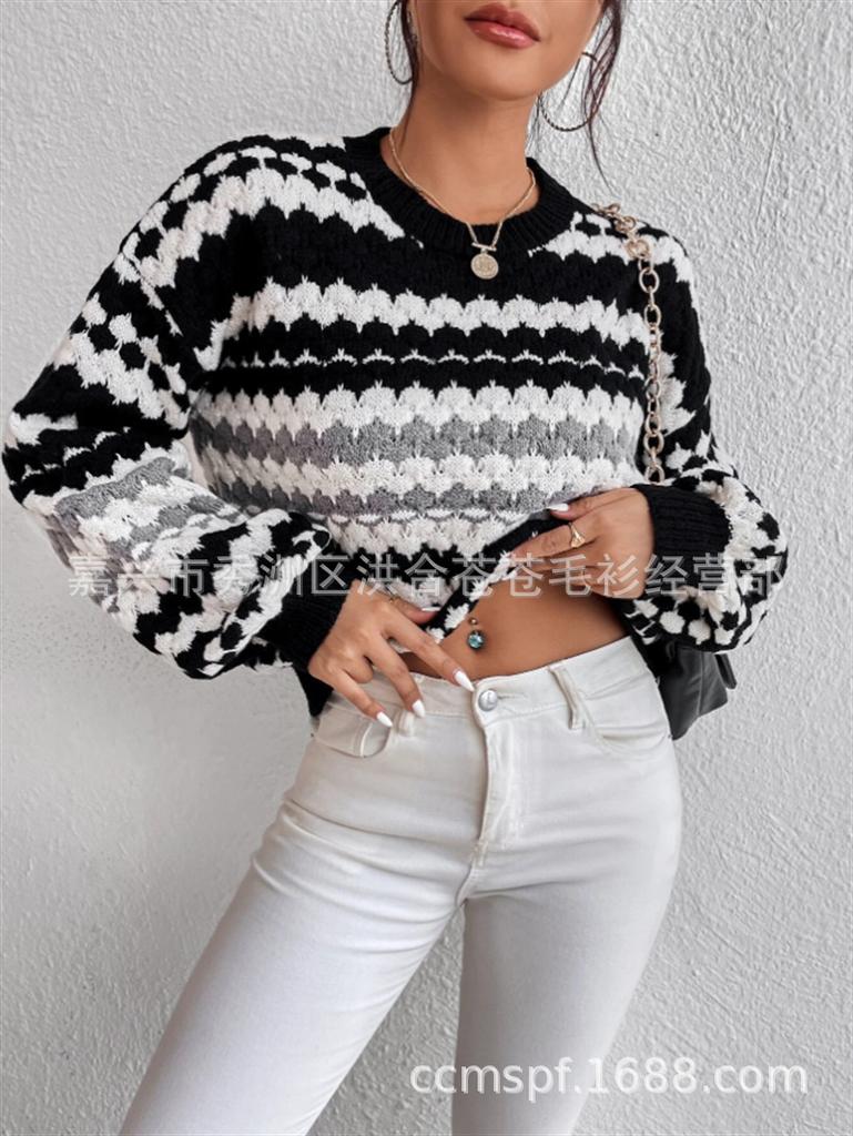 Autumn/winter new cross-border black-and-white striped color-block knit sweater, loose versatile pullover, mid-length lazy sweater for women