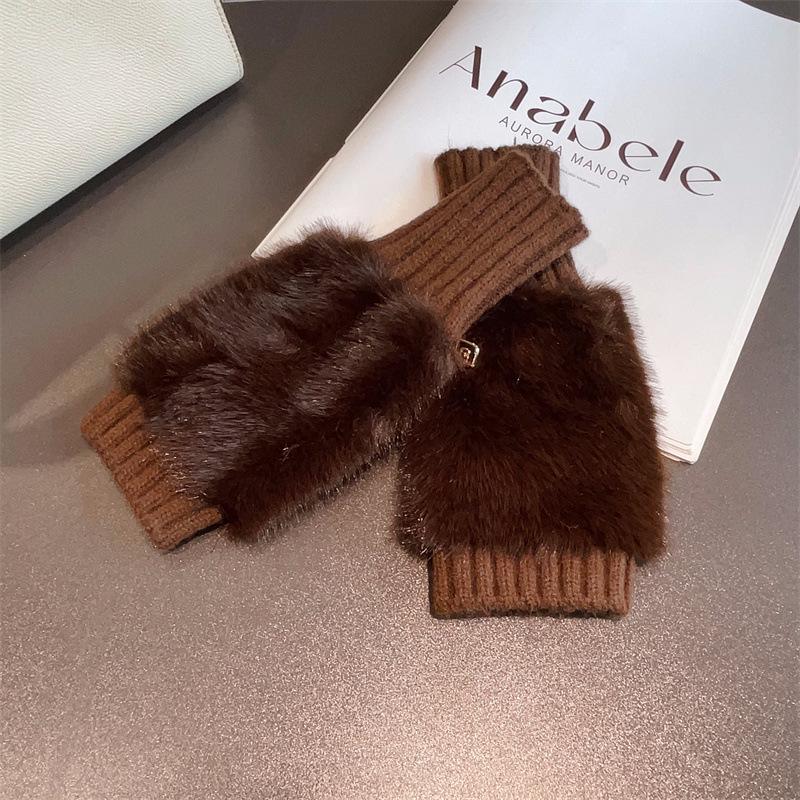 Leopard Print Plush Half-Finger Suede Gloves - Warm, Cute Winter Style for Students