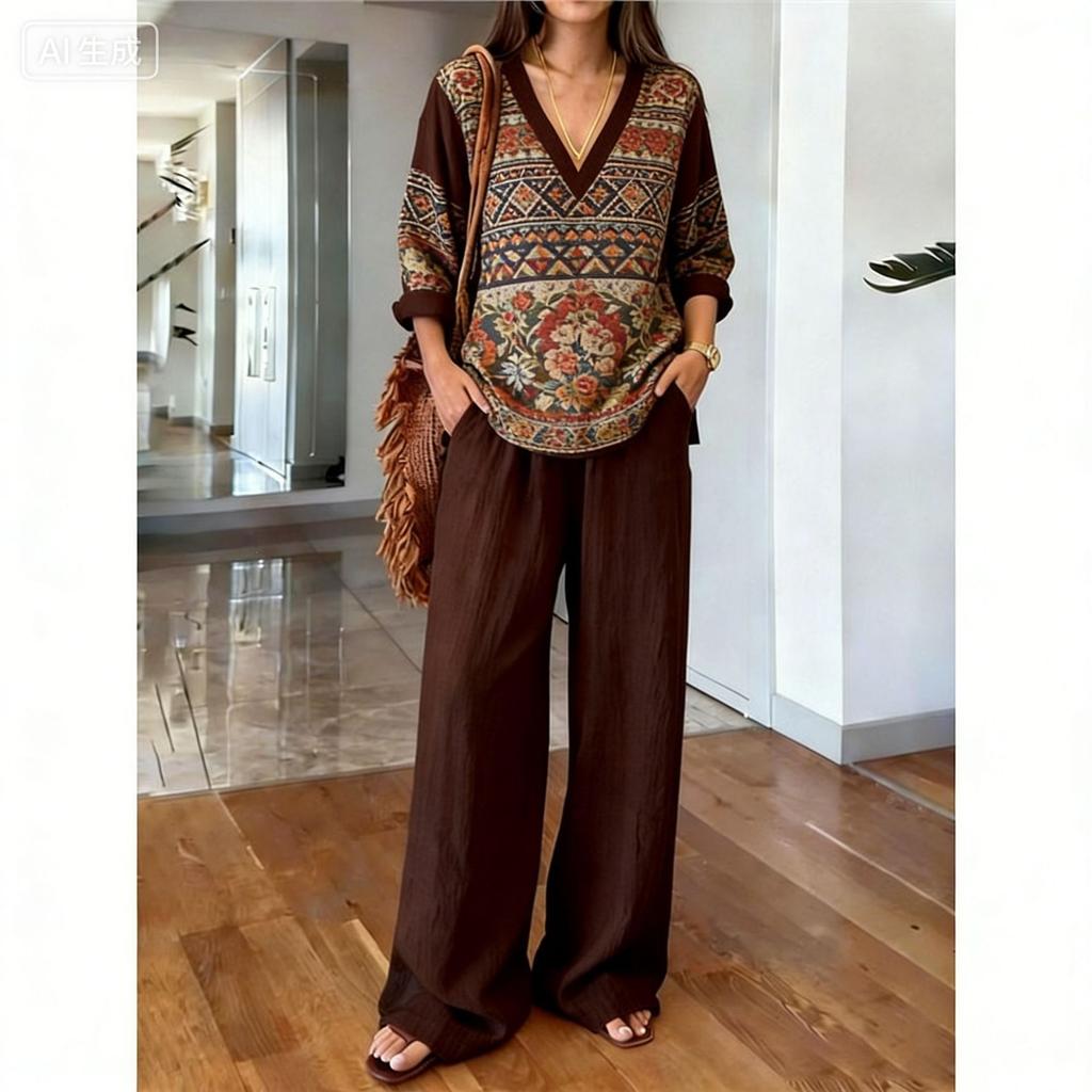 Loose Casual Y1 New V-neck Top Wide-leg Pants Two-piece Women's Clothing European and American Fashion Suit