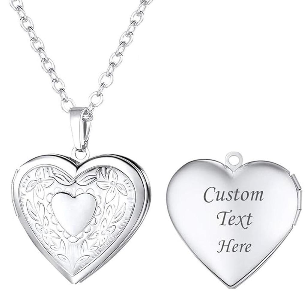 Engravable Heart Pattern Stainless Steel Pendant Necklace - DIY Photo Locket for Couples