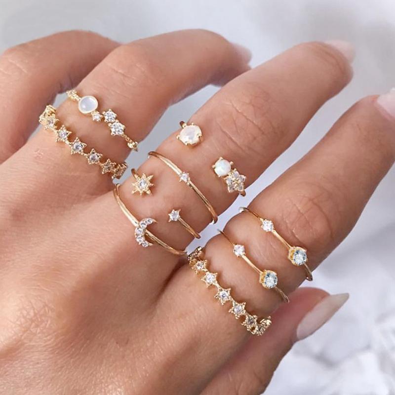 9Pcs Vintage Crystal Star Moon Rings Set Women Boho Finger Ring Fashion Jewelry