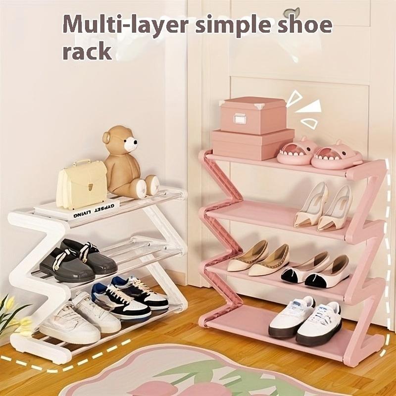 Z-tvarovaný stohovateľný organizér na topánky s kovovým rámom a plastovými policami, montáž bez náradia, nosnosť 8,82 libry, priestorovo úsporné podlahové úložisko