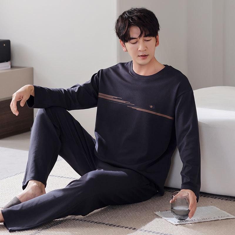 Pure Cotton Pajamas Men'S Spring And Autumn Thin Long-Sleeved Suit Plus Size Loose Can Be Worn Outside Loungewear