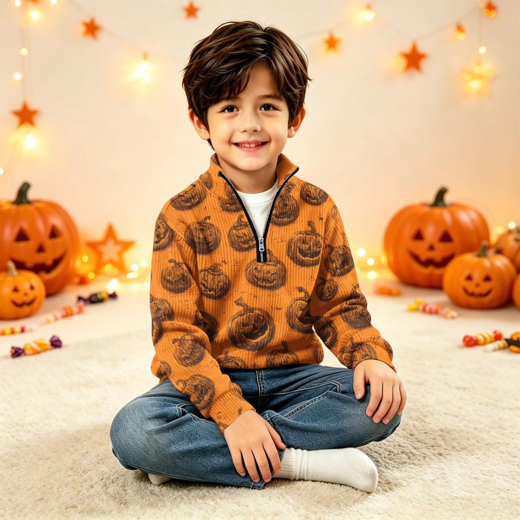 Kids' Knit Sweatshirt with Halloween Print for Fall Festival