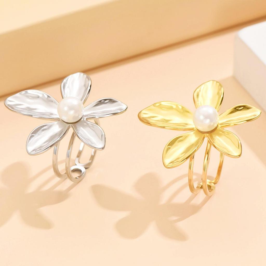 Elegant Flower Pearl Inlaid Ring - Open Stainless Steel, Gold Plated Women's Accessory