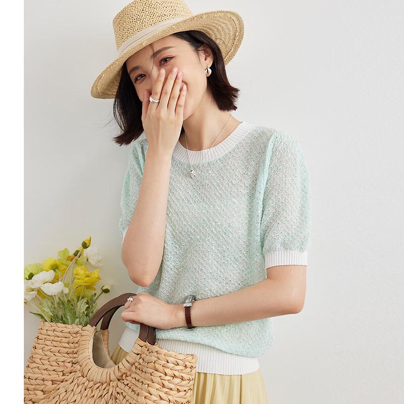 Wudao Women s Hollow Contrast Knit Short Sleeve T-shirt S