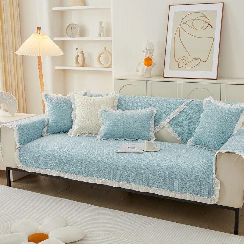 Solid Color Cotton Sofa Cushion Cream Style Lace Sofa Cover Autumn Winter Anti Slip Pure Cotton All Season Universal Sofa Cover