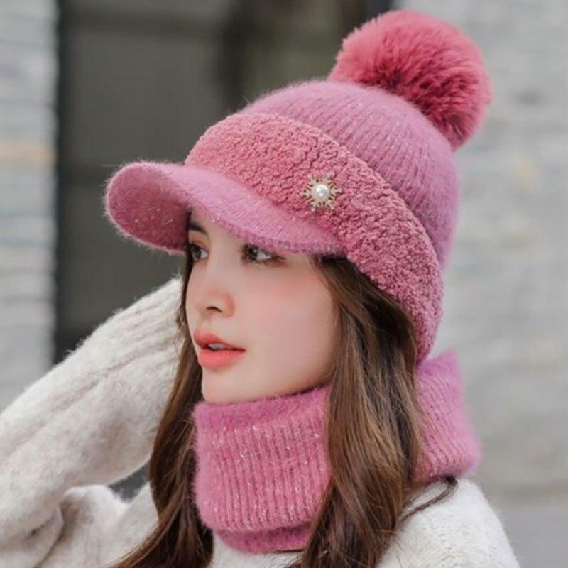 Buy Women's Winter Hat Big Fur Pom Poms Ball Knitted Hats Scarf Hat Set Winter Women Beanie Hat