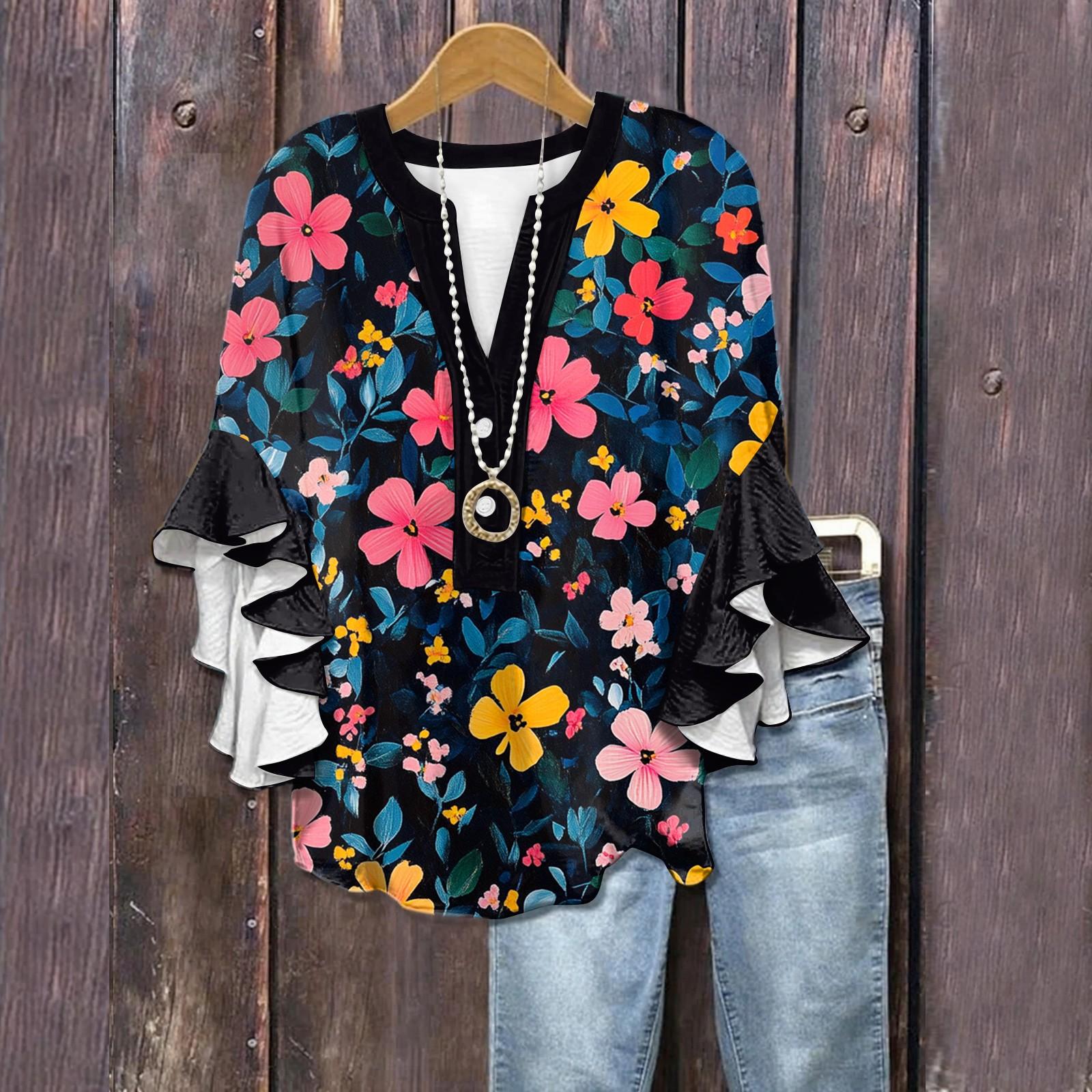 

Летние топы для женщин, симпатичные блузки с V-образным вырезом и рукавом 3/4, повседневные рубашки с цветочным принтом L