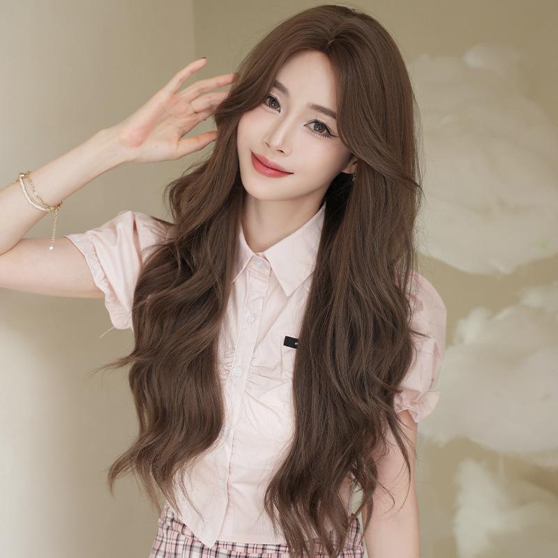 Japanese and Korean Style Women’s Long Wavy Wig with Middle Part Tea Brown Synthetic Full Wig