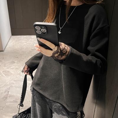 Lace Splicing Long-sleeved T-shirt Women's German Velvet Thickened Casual Inner Top Loose Bottoming Shirt