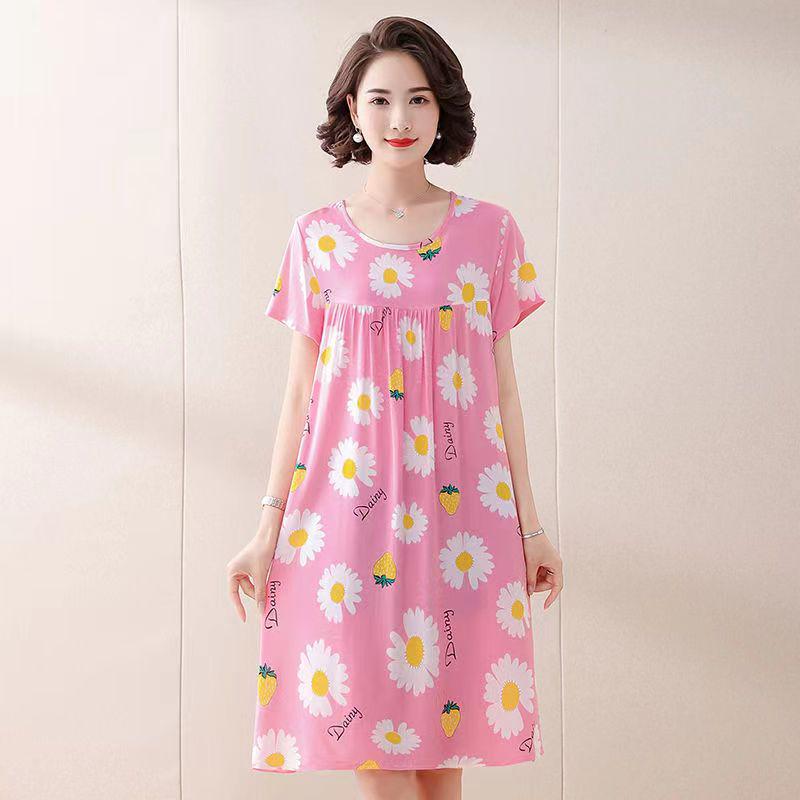 Women's Cotton Silk Mid-Length Nightgown - Summer Pajamas Plus Size Homewear for Middle-Aged and Elderly