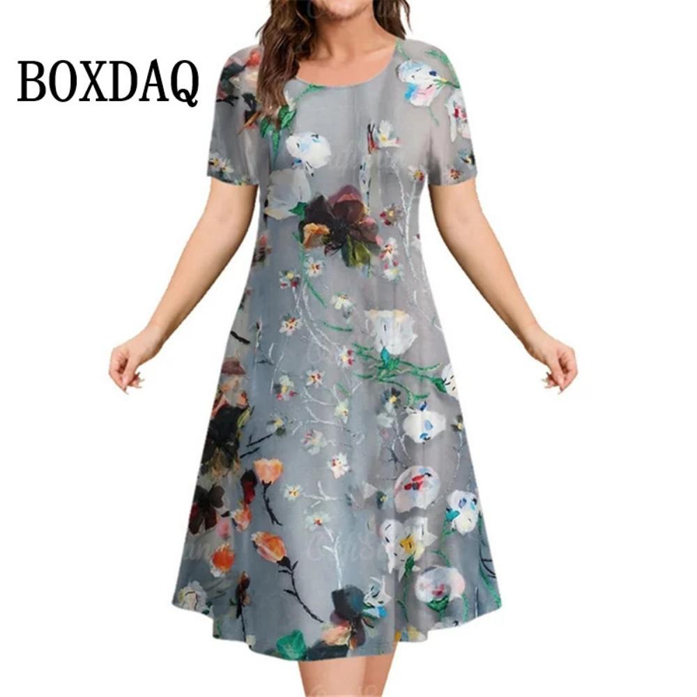3d Plant Flower Print Women's Dress 2026 Summer Short-sleeved Clothing Casual Loose Retro Dress