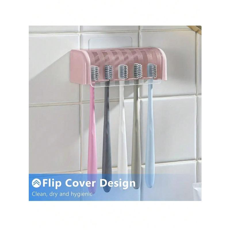 A 5-Tooth Brush Holder With Cover, Self-Adhesive Wall Toothbrush Storage Holder, Plastic Bathroom Supplies For Dorm Rooms And Showers