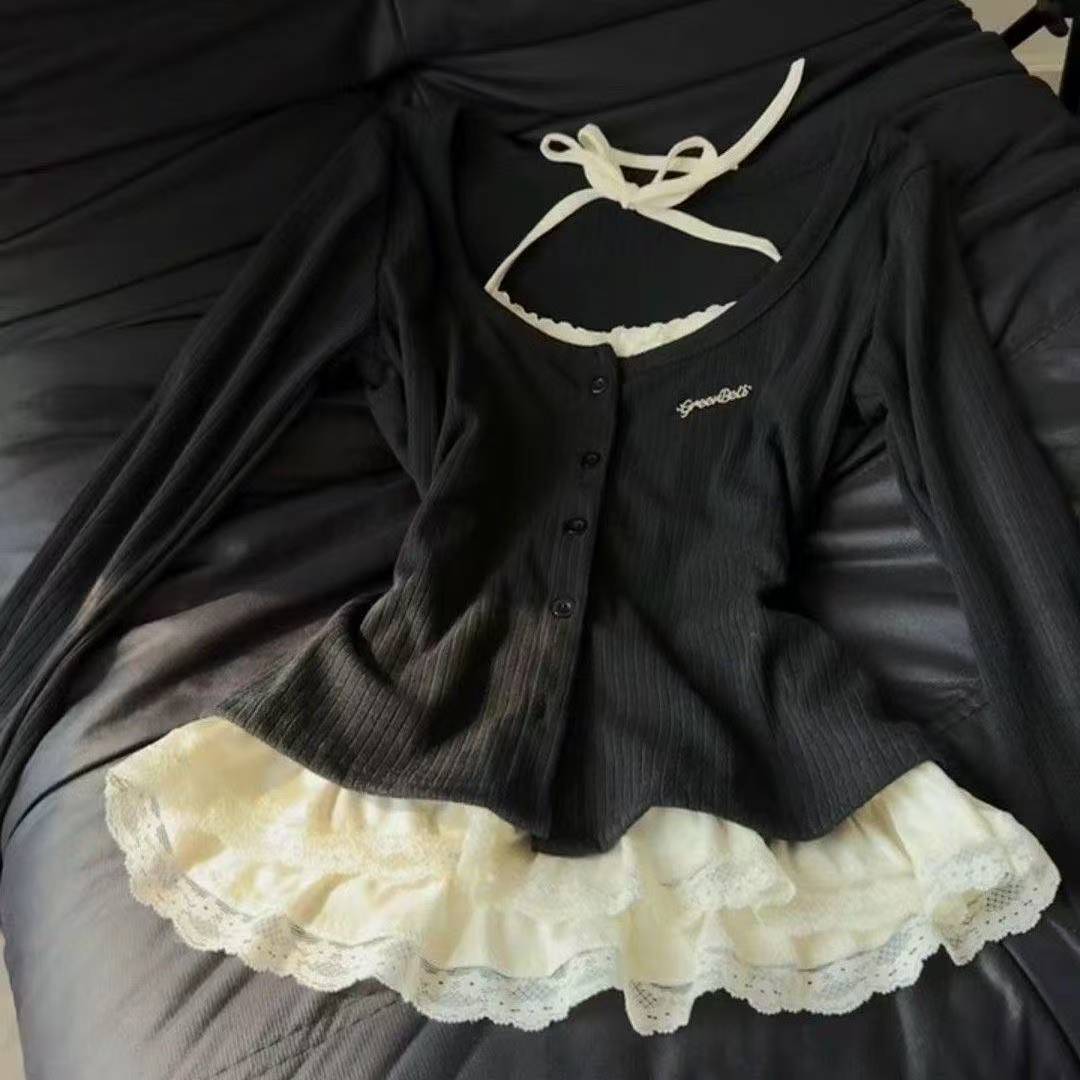 VAYLA Women Korean Fashion Coquette Shoujo Girl Ballet Core Top Set 2000s Aesthetic T-Shirt Long Sleeve Tee Gyaru Design Vintage XL