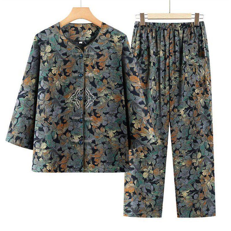 

Spring & Autumn Floral Two-Piece Set: Retro Top & Pants for Middle-Aged & Elderly Women - Plus Size 2XL зелёный