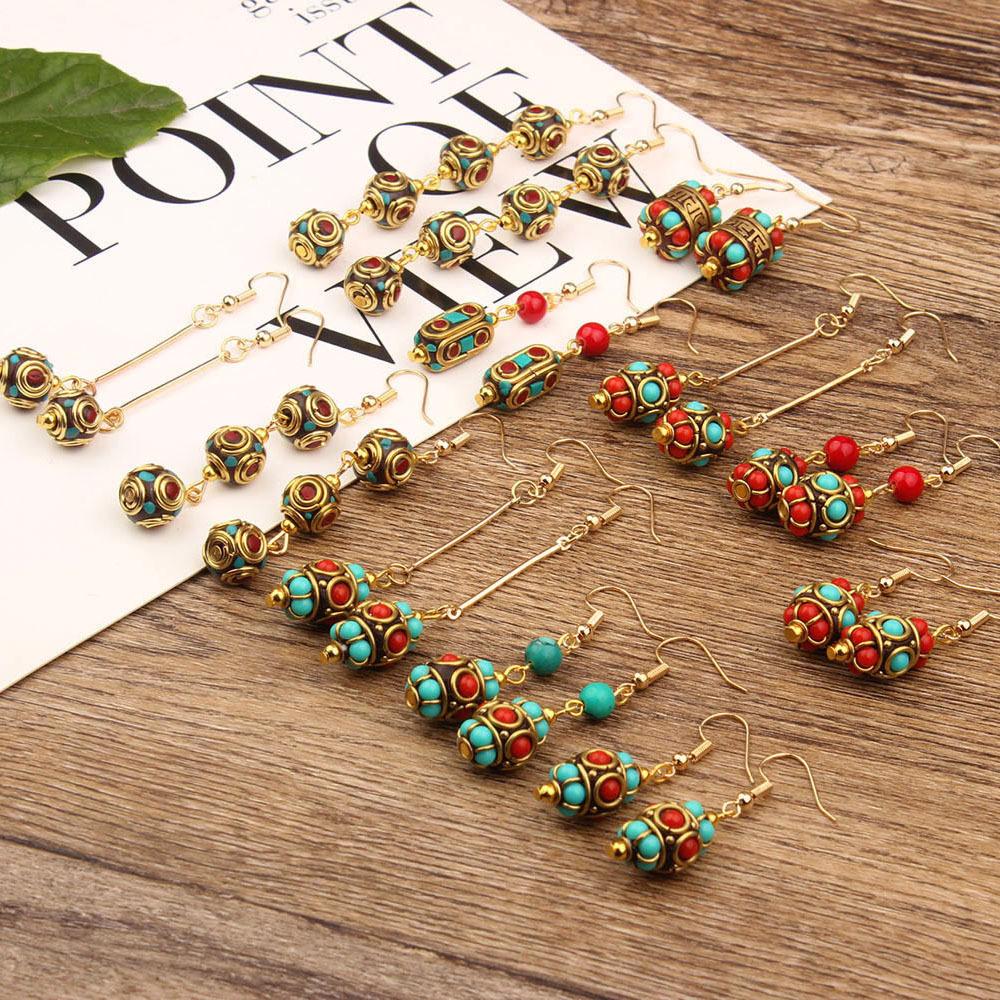 Vintage Nepal inkrustowane kolczyki w stylu egzotycznym z prostym, ręcznie robionym wzorem Etniczne kolczyki w stylu tybetańskim Biżuteria Prezent