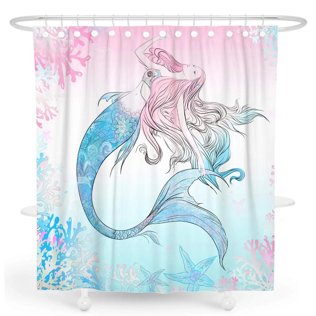 Mermaid Shower Curtain Tail Fish Girls Kids Cartoon Ocean Heart Colorful Purple Hair Seaweed Bath Decor with Hooks Waterproof