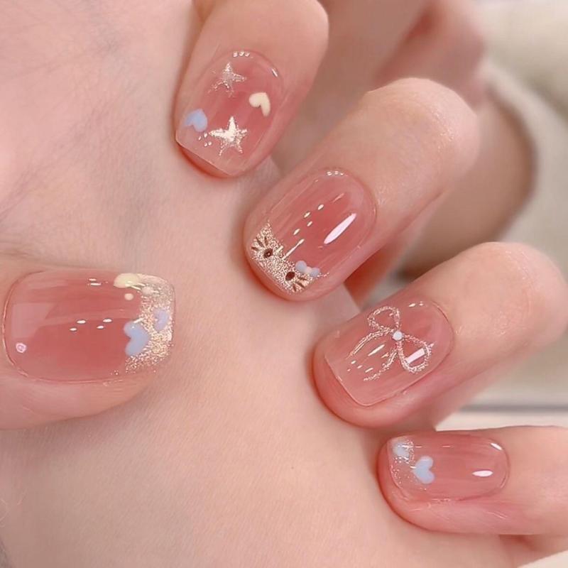 KT Pink Bow Removable French Short Nails - Cute Heart Design for Students & Parties