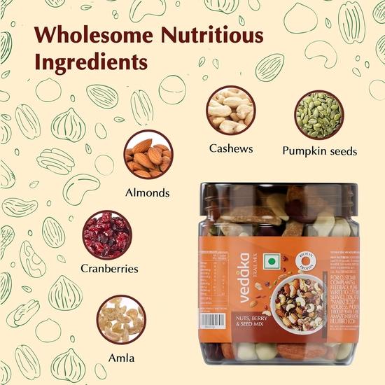 Vedaka Nuts, Berries and Seed Mix, 200 Gm Pouch | Almond, Cashew, Cranberry, Amla and Pumpkin Seeds | Healthy Snacking (Previously Kitchen Cheer)