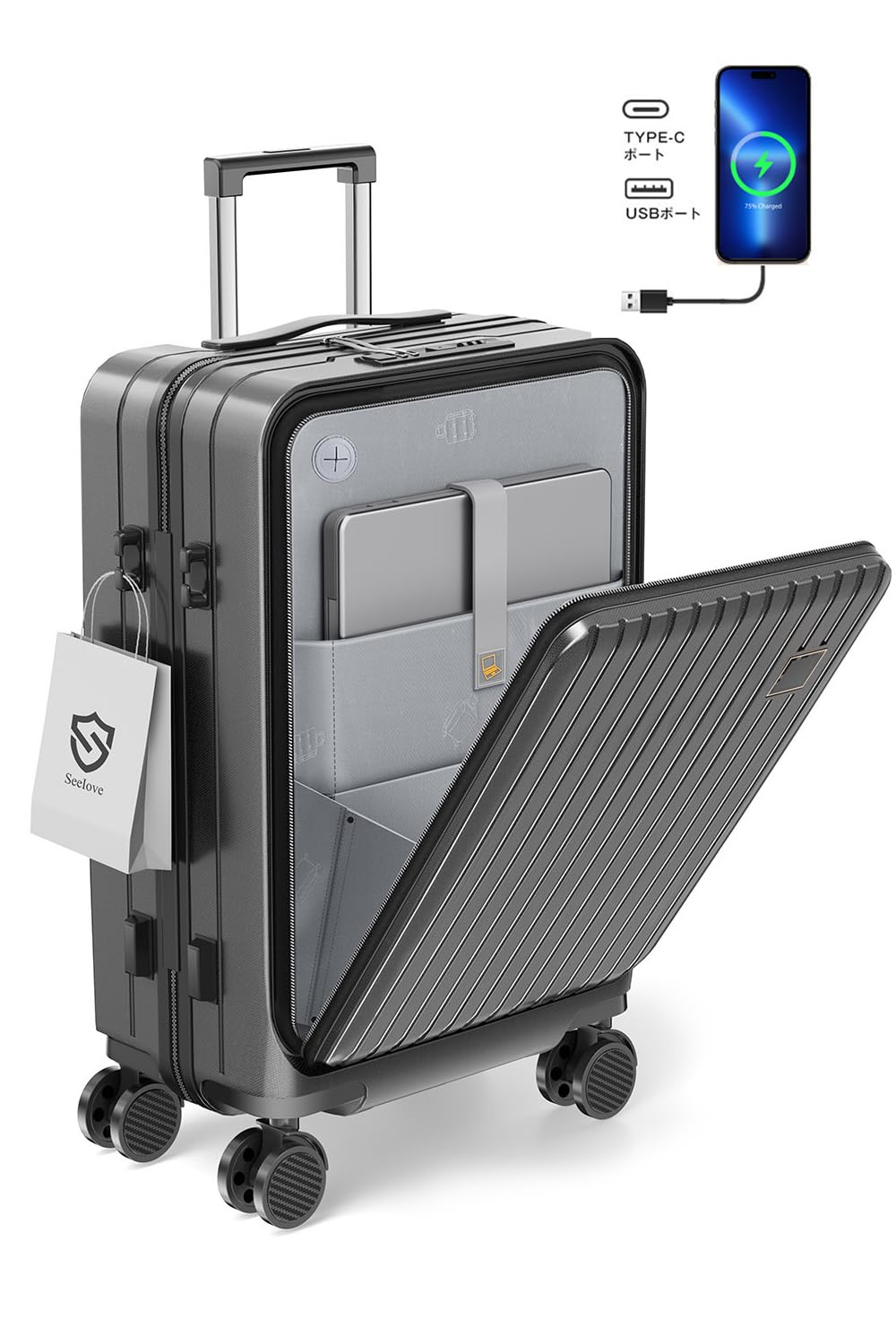 

Спереду відкрита валіза Carry S Double Coil Zipper Type C і USB TSA Double Business Nights [Seelove], ручна кладь, чохол, розмір, порт, замок, тихий, коліщатка, чорний