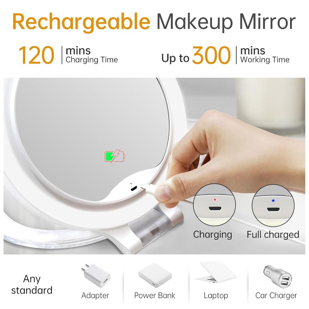 Rechargeable Magnifying Makeup Mirror 10X/1X Double Sided Lighted Travel Makeup Mirror with 3 Color Light Adjustable Rotation, LED Vanity Tabletop