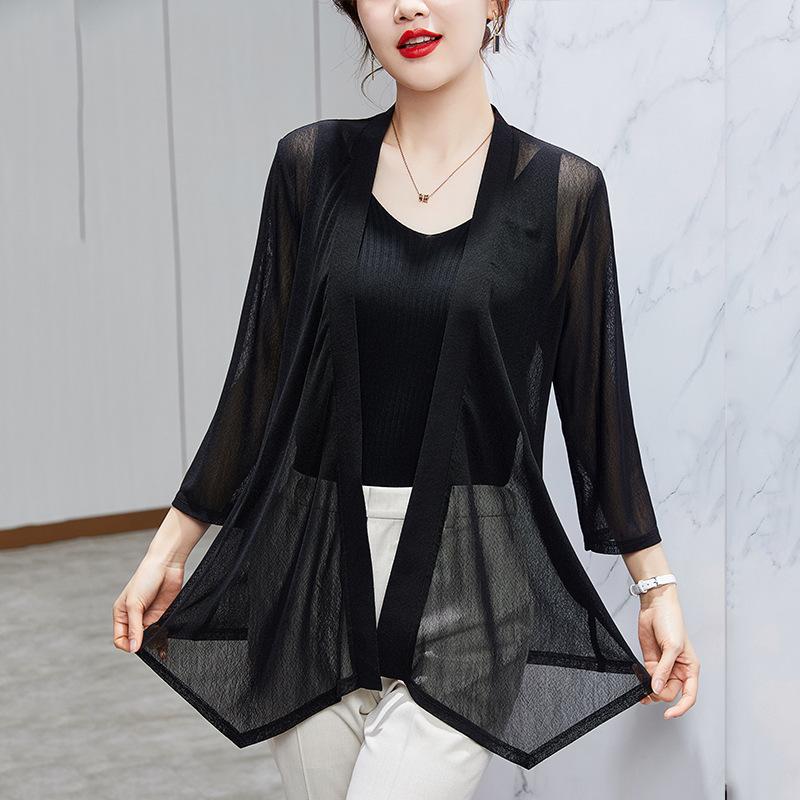 Women's Mid‑Length Sun Protection Cardigan 9‑Point Sleeve Loose Polyester Casual Summer Air‑Condition Shawl Outerwear