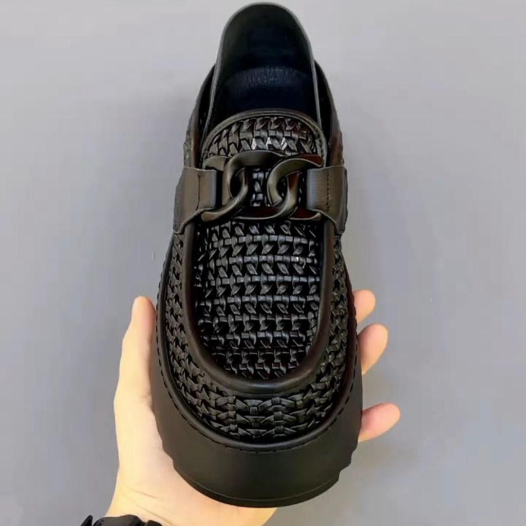 Mocasini Bărbați Stil European & American - Față Țesută Respirabilă, Talpă Groasă, Pantofi Casual Plați Perforați din Piele.