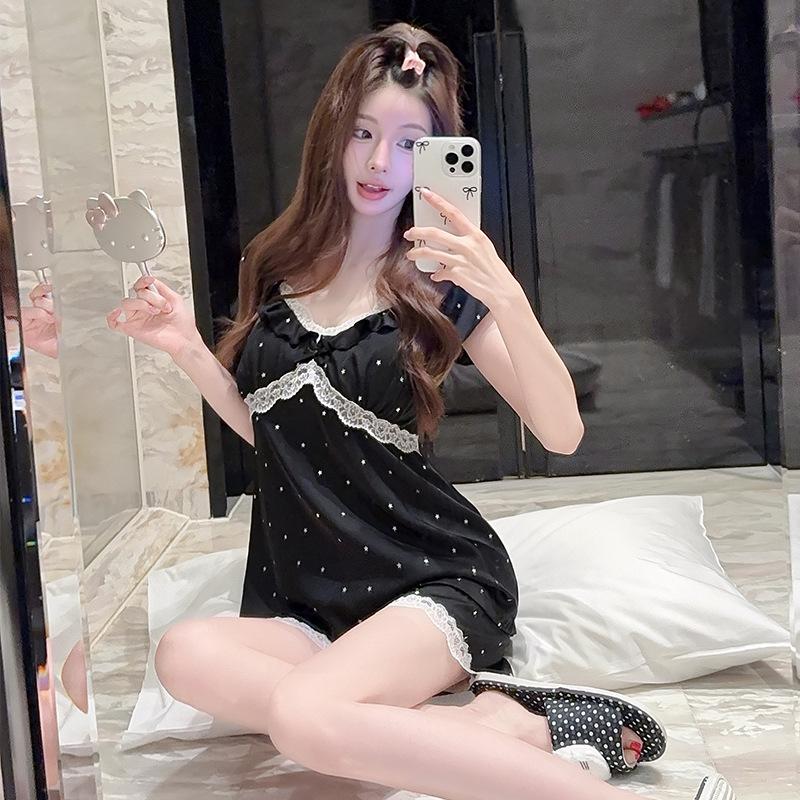 Vernis Pajamas Ice Silk Women's Summer High-end Texture Lace with Chest Pads, Sweet and Elegant Loungewear Set