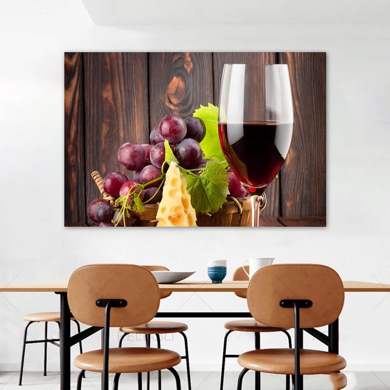 Wine Glass Bottle Posters and Prints Canvas Painting Wall Art Pictures for Dining Room Home Decor Grapes Wooden Barrel Cuadros