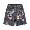 Men Women Vintage Distressed Denim Shorts With Embroidered Patch Black Grey Gradient Wash Loose Straight Cut Mid-Thigh Length