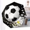 Folding Umbrella The umbrella features a soccer ball as the main design, with star patterns and curved yellow streaks. Fits Tr