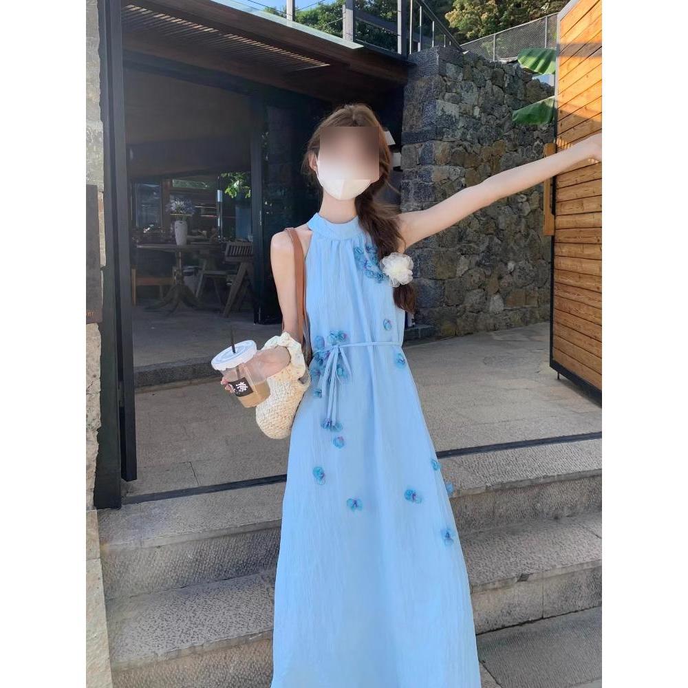 Blue three-dimensional flower neck dress women's summer gentle wind sweet first love dress temperament super fairy sleeveless holiday dress