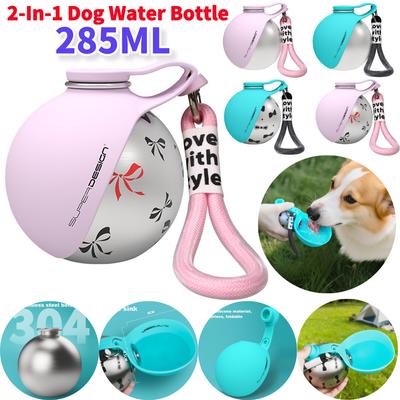 285ML Portable Dog Water Bottle Stainless Steel Convenient Dog Cat Drink Dispenser Puppy Travel Portable Silicone Water Bowl