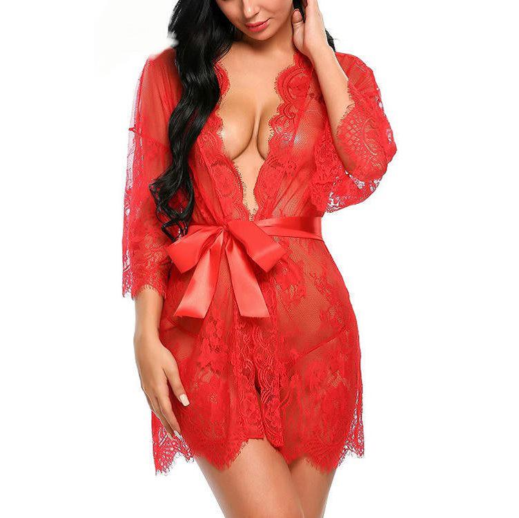 Sexy See-Through Lace Mesh Nightgown Robe Plus Size Lingerie