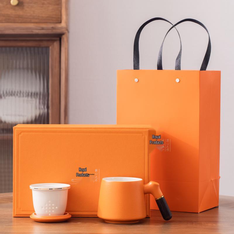 Chinese Style Ceramic Cup Gift Set with Lid and Wooden Handle - Three-Piece Tea Cup with Filter