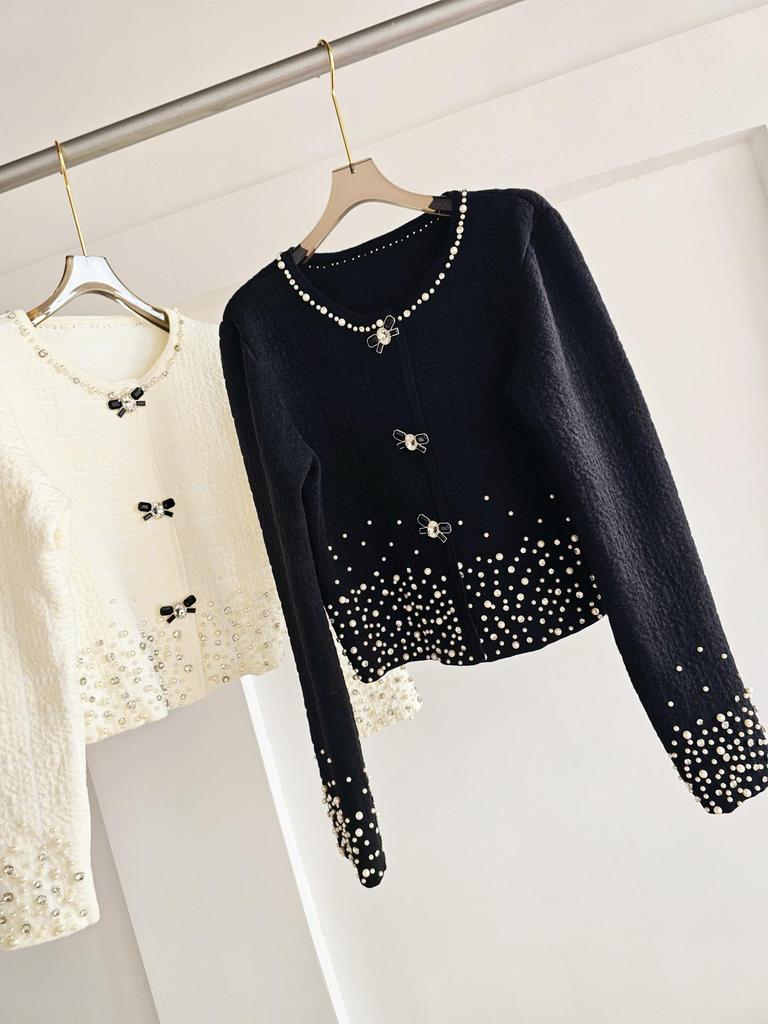 High-End French-Style White Knitted Cardigan with Bead and Rhinestone Detailing
