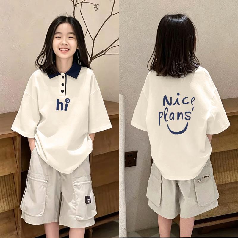 Trendy Girls' Cartoon Cotton Polo Shirt - Summer Patchwork Lapel Tee for Ages 8-15